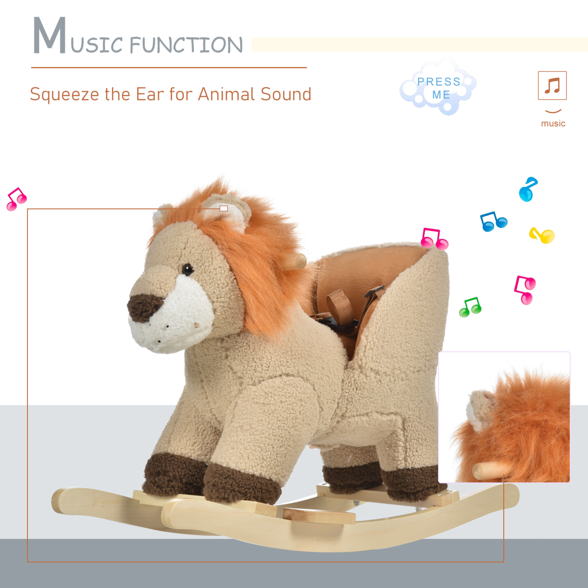 Kids Rocking Lion Plush Ride On Seat Sound Button Wood Base Seat Belt