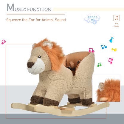 Kids Rocking Lion Plush Ride On Seat Sound Button Wood Base Seat Belt