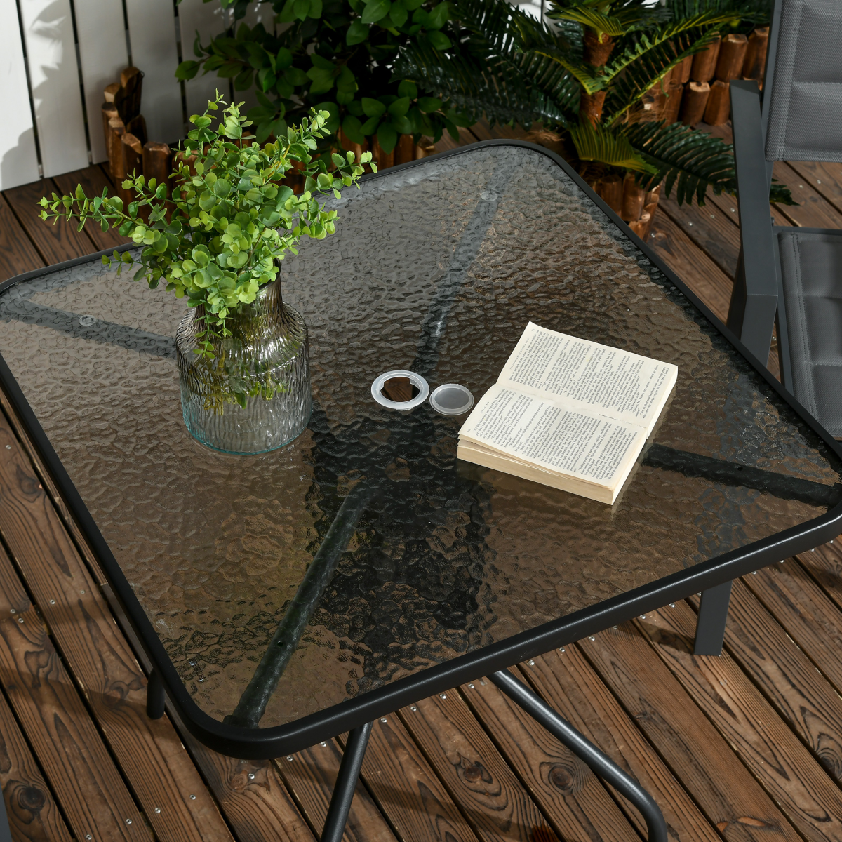 Square Patio Table, Tempered Glass Top Garden Dining Table 76 x 76cm