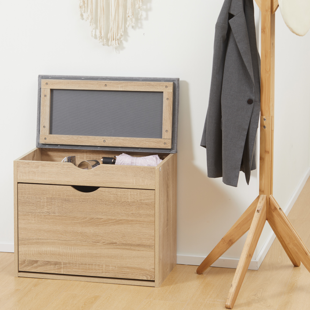 Entryway Shoe Bench with Cushion Storage Cabinet for Living Room Natural