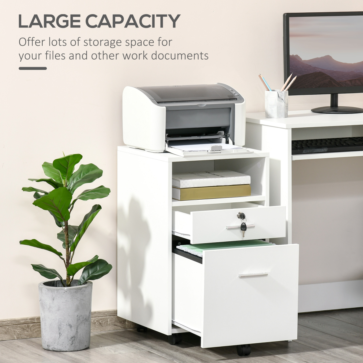 Mobile File Cabinet Lockable Documents Storage w/ 5 Wheels White