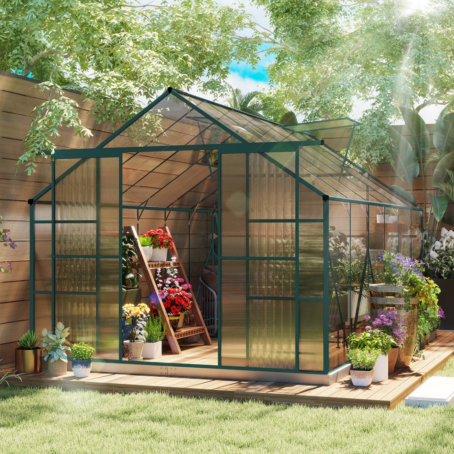 8x12ft Polycarbonate Walk-in Greenhouse Outdoor Double Sliding Door