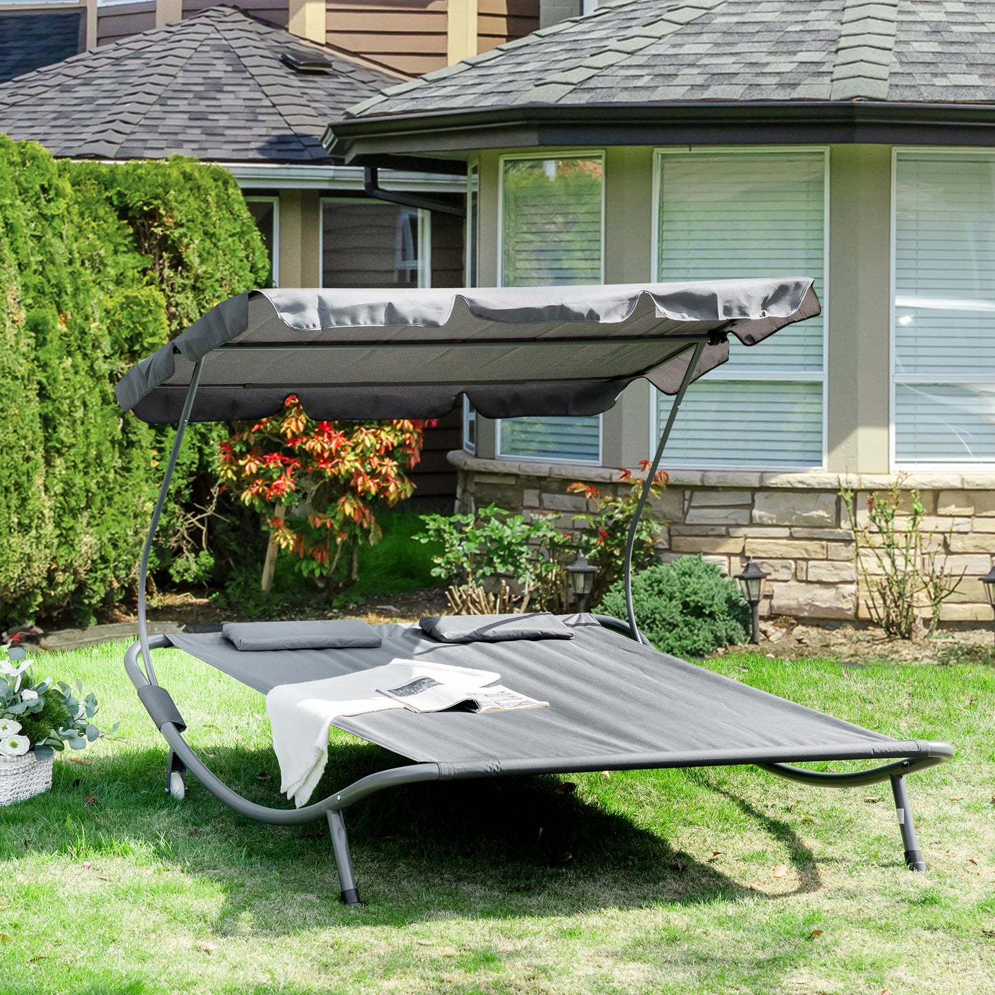 Double Hammock Swing Garden Outdoor Frame Sun Lounger Bed Beds Canopy w/ Pillows