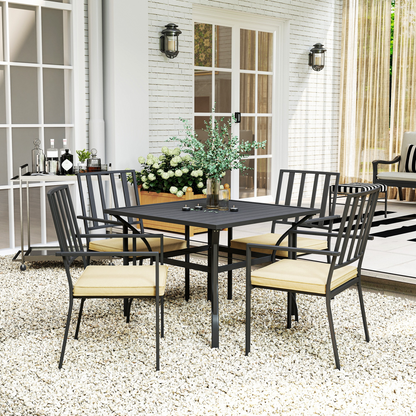 Garden Dining Set w/ 4 Stackable Cushioned Chairs and Metal Top Table