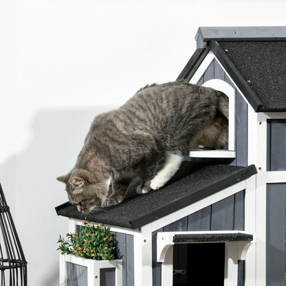 PawHut Wooden Cat House Outdoor w/ Flower Pot, Window, Multiple Entrances