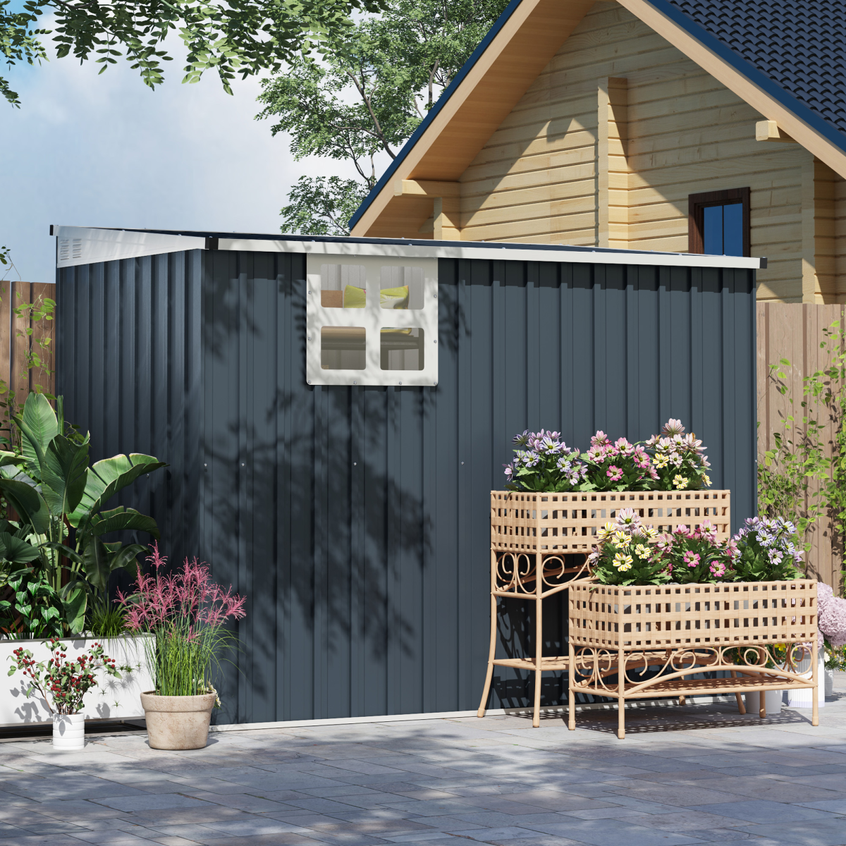 7.6 x 4ft Outdoor Garden Storage Shed with Window, Dark Grey