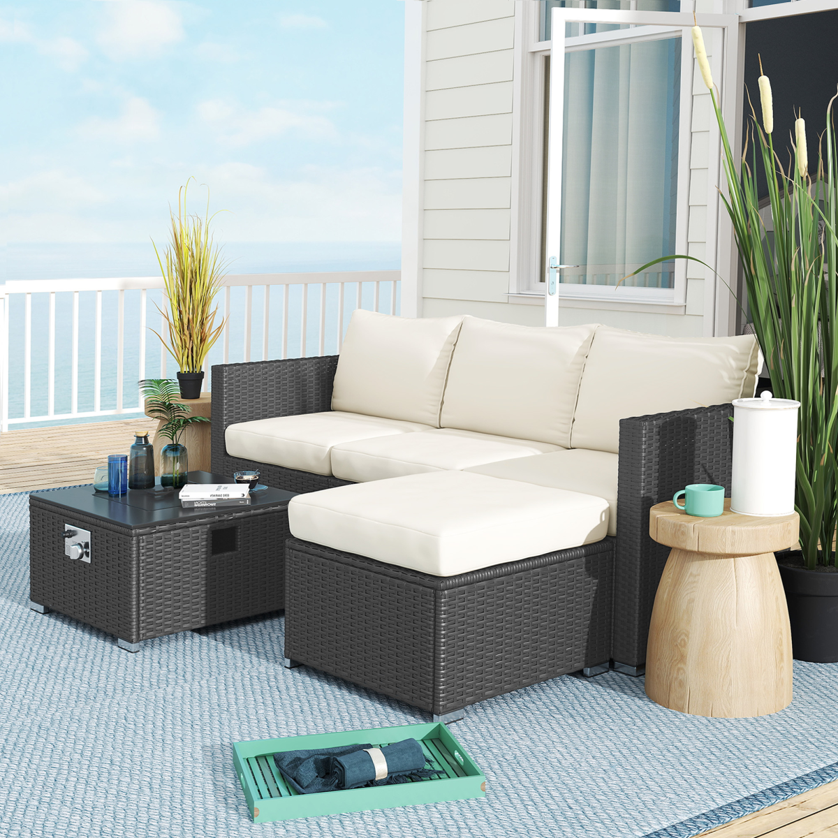 4 Seater Rattan Sofa Set with Footstool Thick Cushions Black Cream