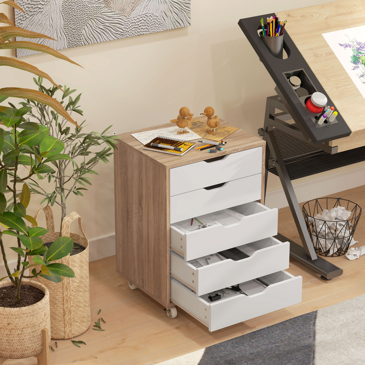 Mobile Filing Cabinet, 5-drawer File Cabinet with Wheels, Oak