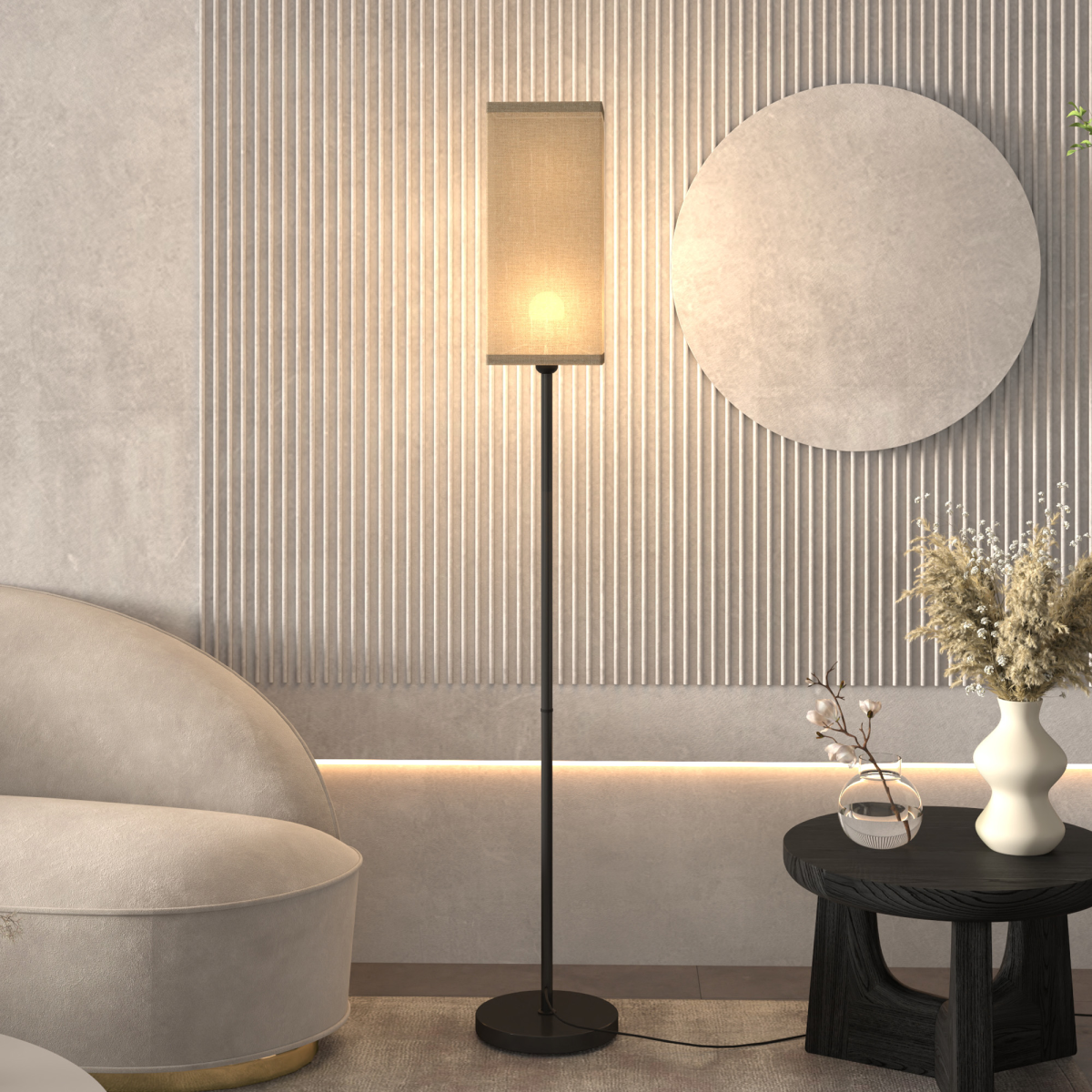 Standing Floor Lamp with Linen Shade for Living Room, Bedroom, Black