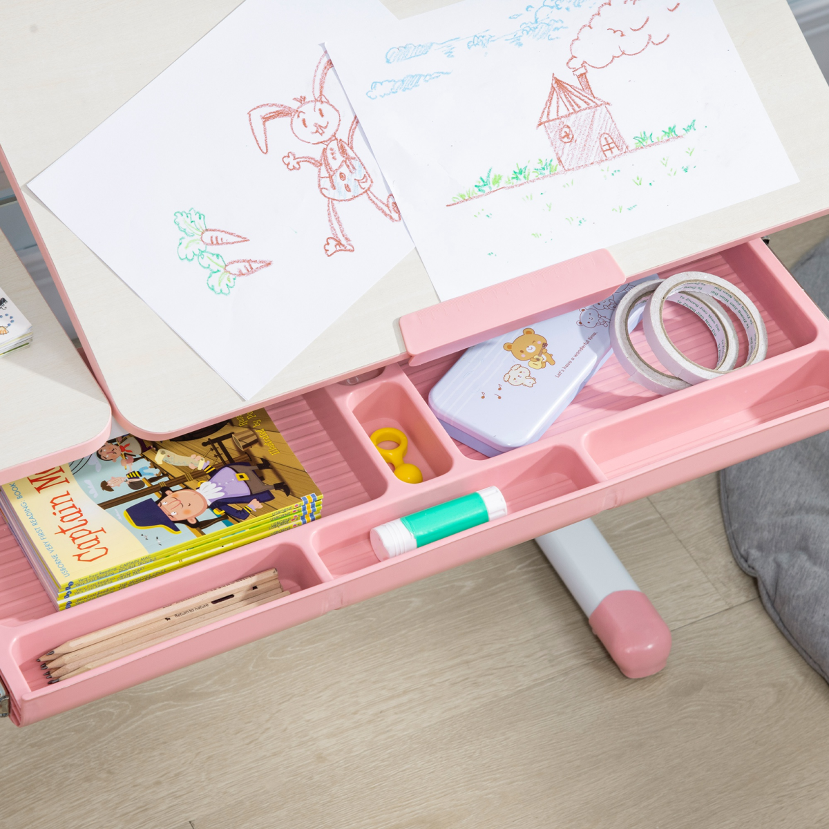 Kids Desk and Chair Set with Storage Shelves, Washable Cover - Pink
