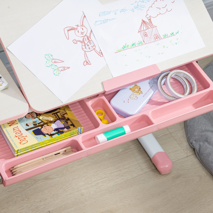 Kids Desk and Chair Set with Storage Shelves, Washable Cover - Pink