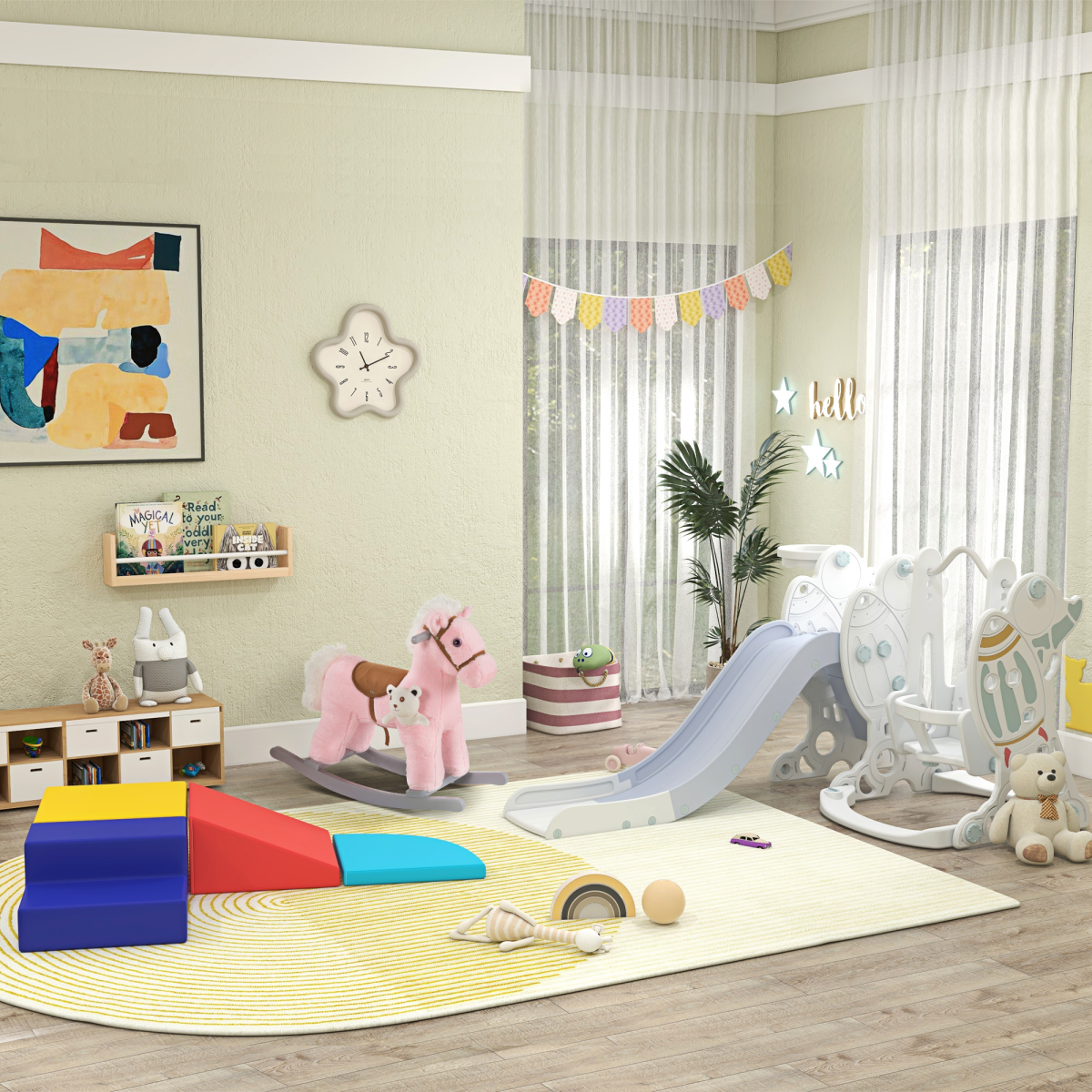 Kids Plush Ride-On Rocking Horse with Plush Toy Sound Handle Grip