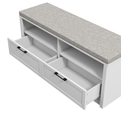 Shoe Bench with Removable Cushion, Open Compartments and Drawers