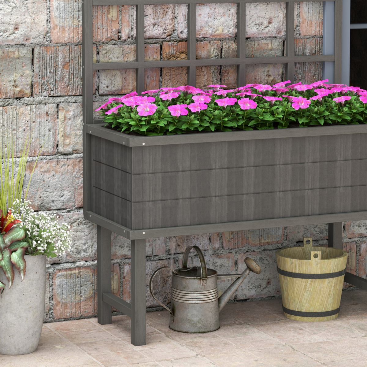 Wood Raised Planter w/ Trellis Drain Holes Elevated Garden Bed Grey