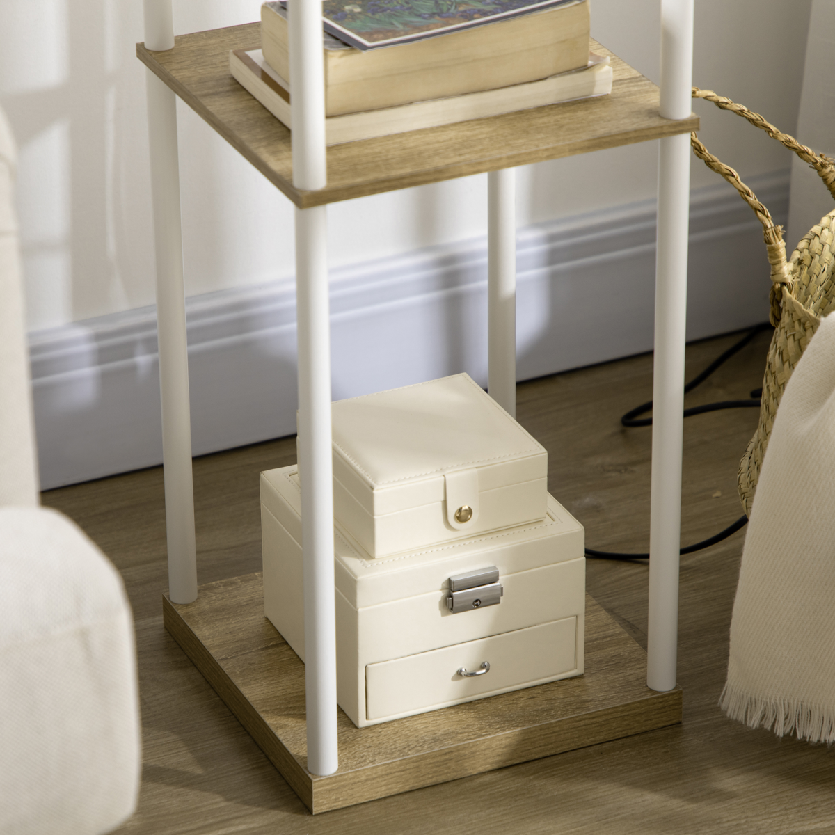 Modern Floor Lamp with Shelves and Fabric Lampshade for Living Room