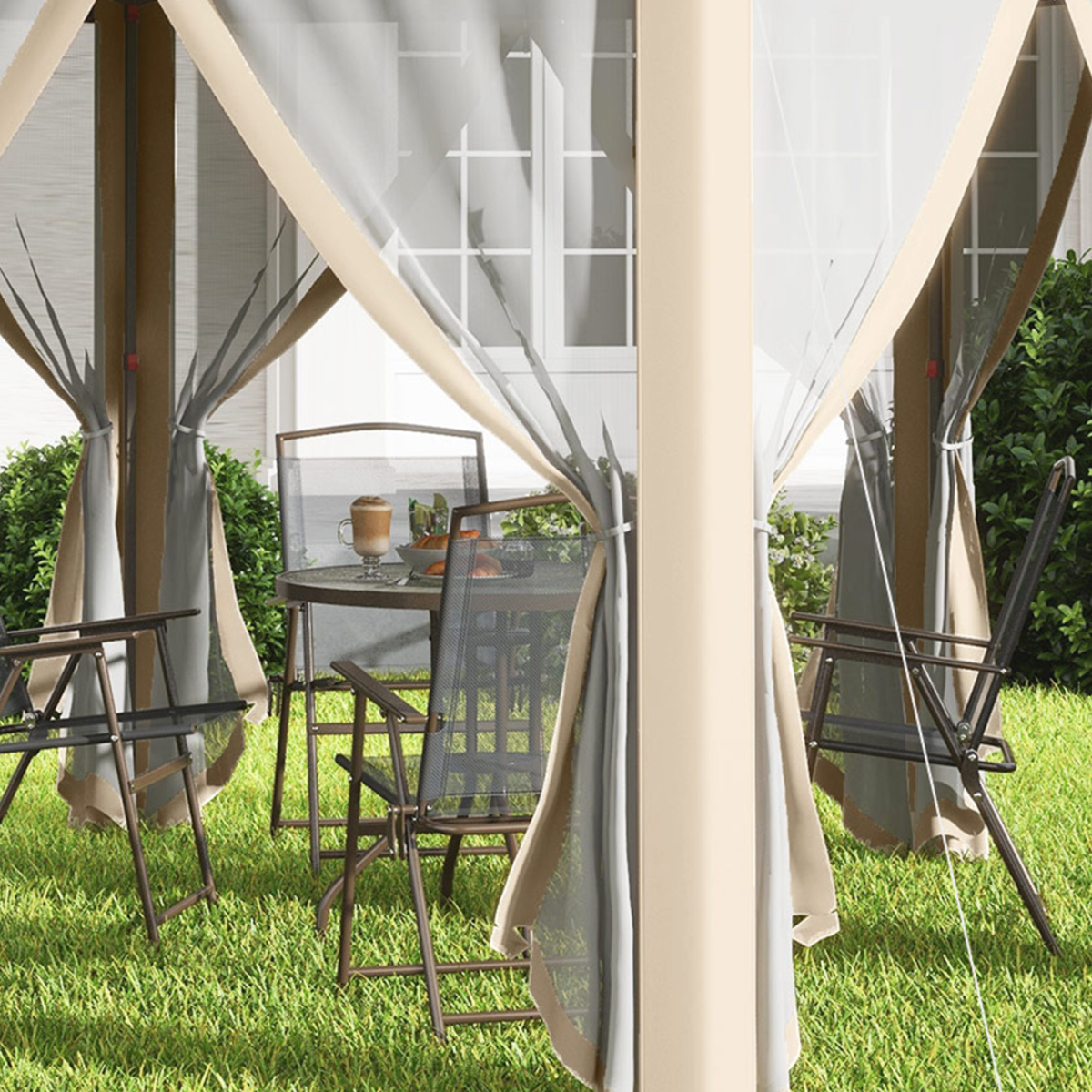 3x4m Hexagon Gazebo w/ Metal Frame Mesh Curtains Outdoor Garden, Khaki