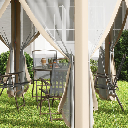 3x4m Hexagon Gazebo w/ Metal Frame Mesh Curtains Outdoor Garden, Khaki