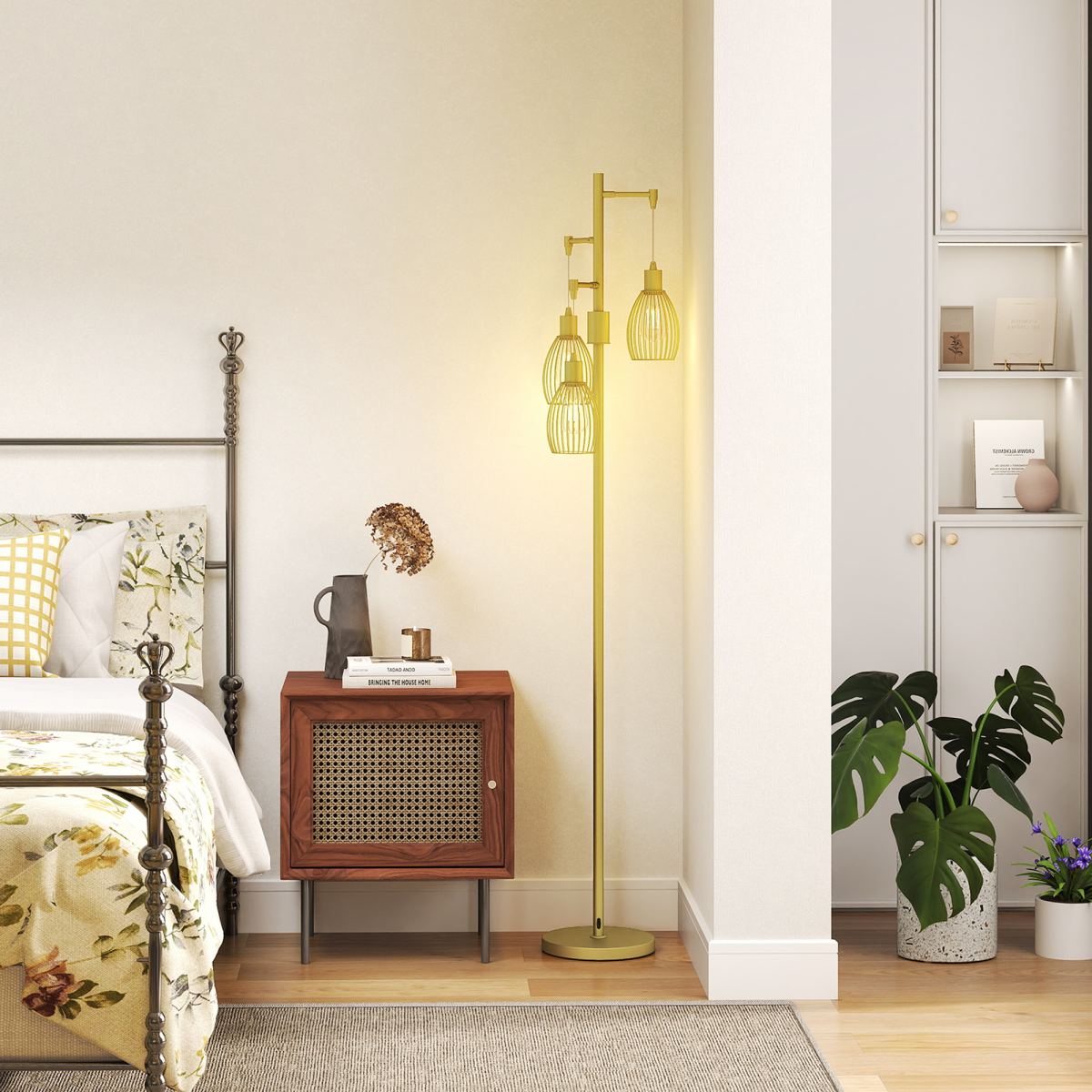 Industrial 3-Light Floor Lamp Dimmable Standing Lamp, Gold