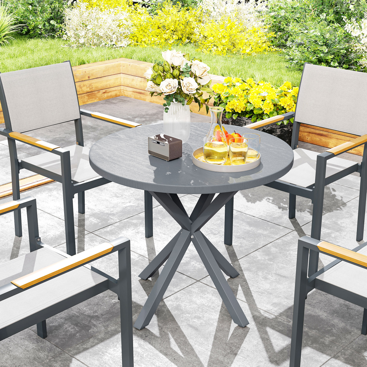 Garden Table with Steel Frame, Wood Effect Top, for Balcony, Deck