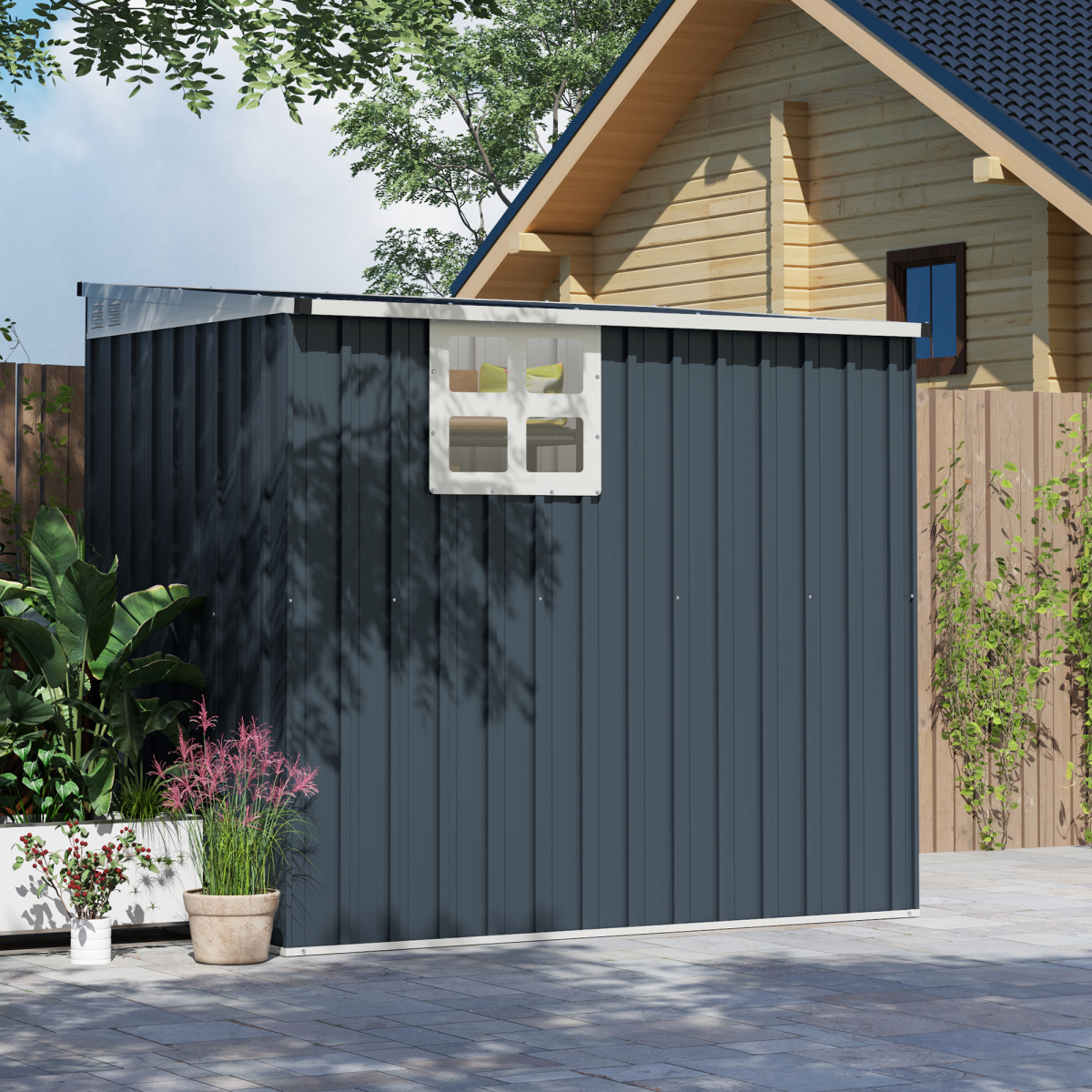 4 x 6ft Outdoor Garden Storage Shed with Window, Dark Grey