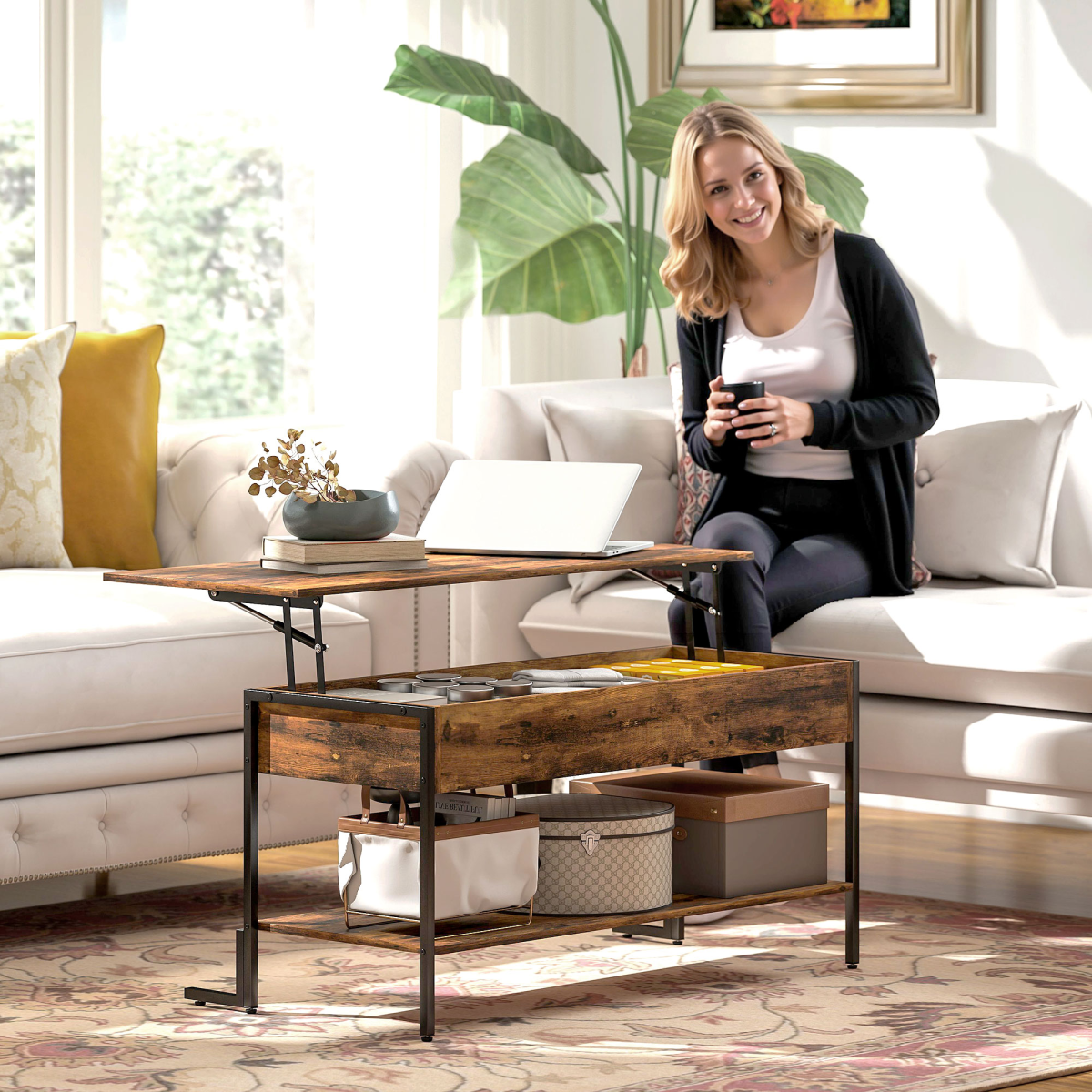 Industrial Lift Top Coffee Table with Storage Shelf Rustic Brown
