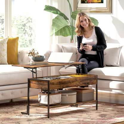 Industrial Lift Top Coffee Table with Storage Shelf Rustic Brown