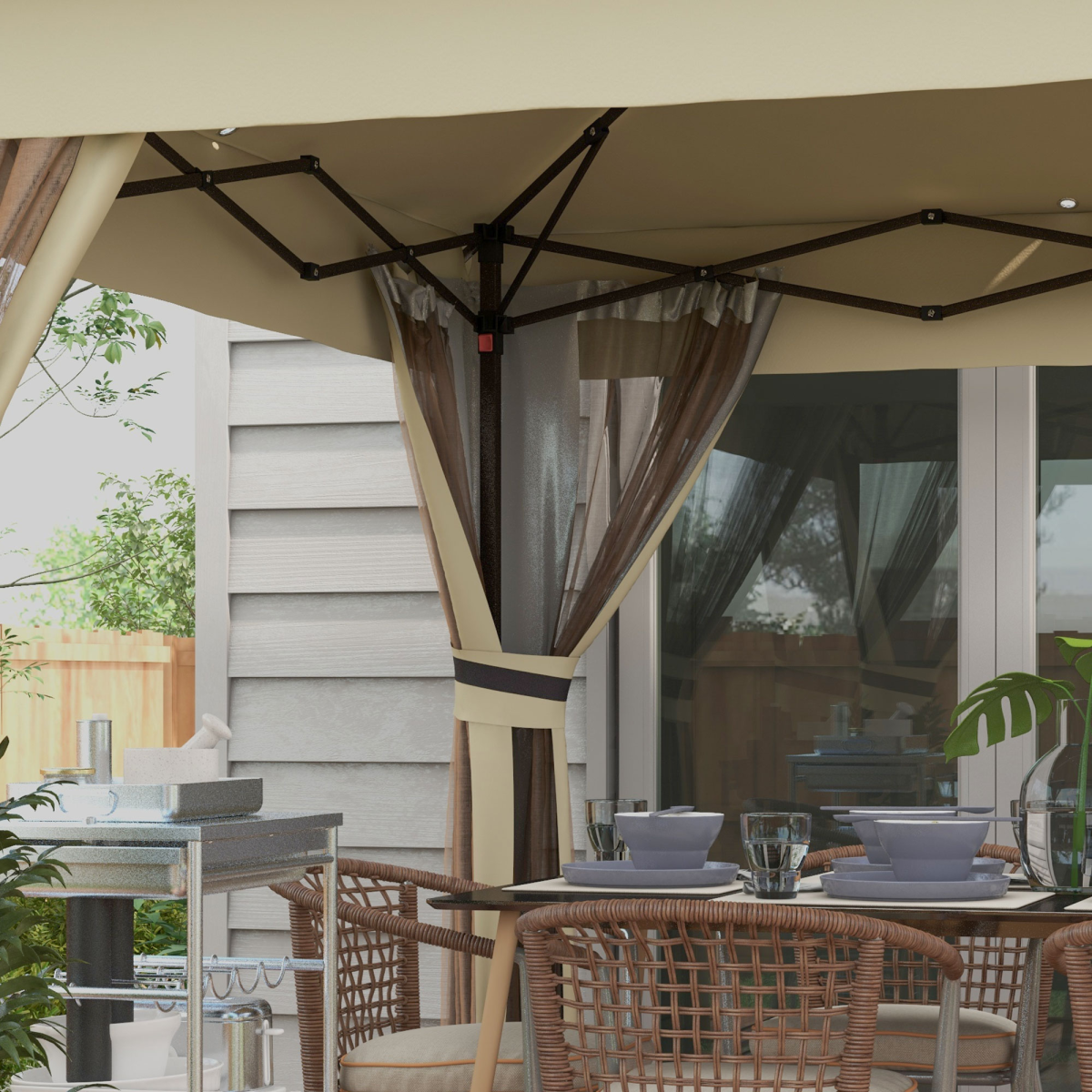 3x3(m) Pop Up Gazebo w/ Solar-Powered LED Lights Curtain Netting Khaki