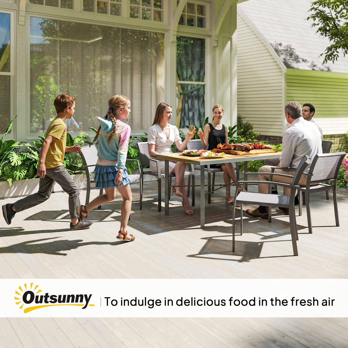 Garden Table for 6, Outdoor Dining Table with 5cm Umbrella Hole