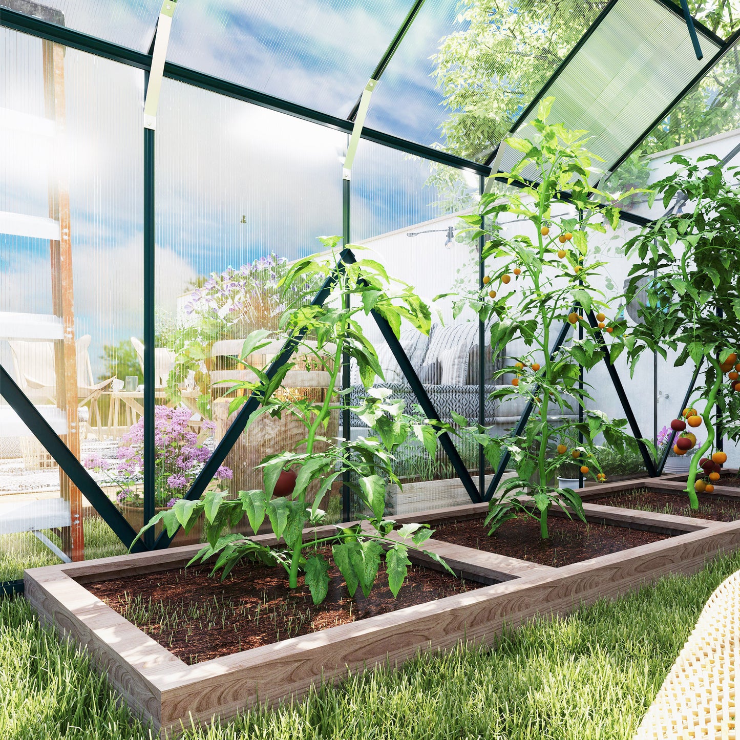 8x12ft Polycarbonate Walk-in Greenhouse Outdoor Double Sliding Door