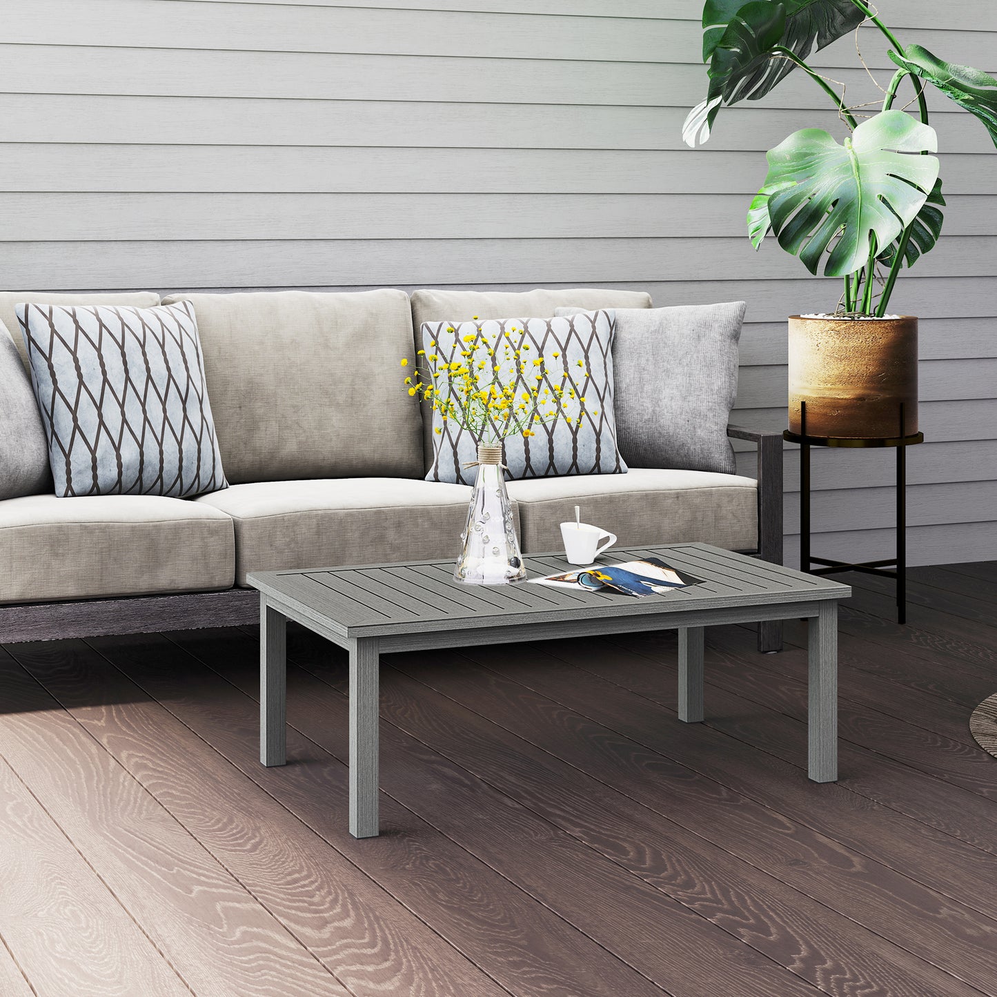 Aluminium Outdoor Coffee Table Patio Table w/ Grey Wood Grain Effect