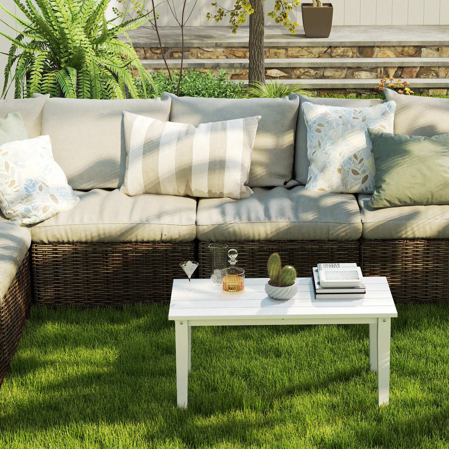 HDPE Rectangle Garden Coffee Table, Slatted Outdoor Table, White