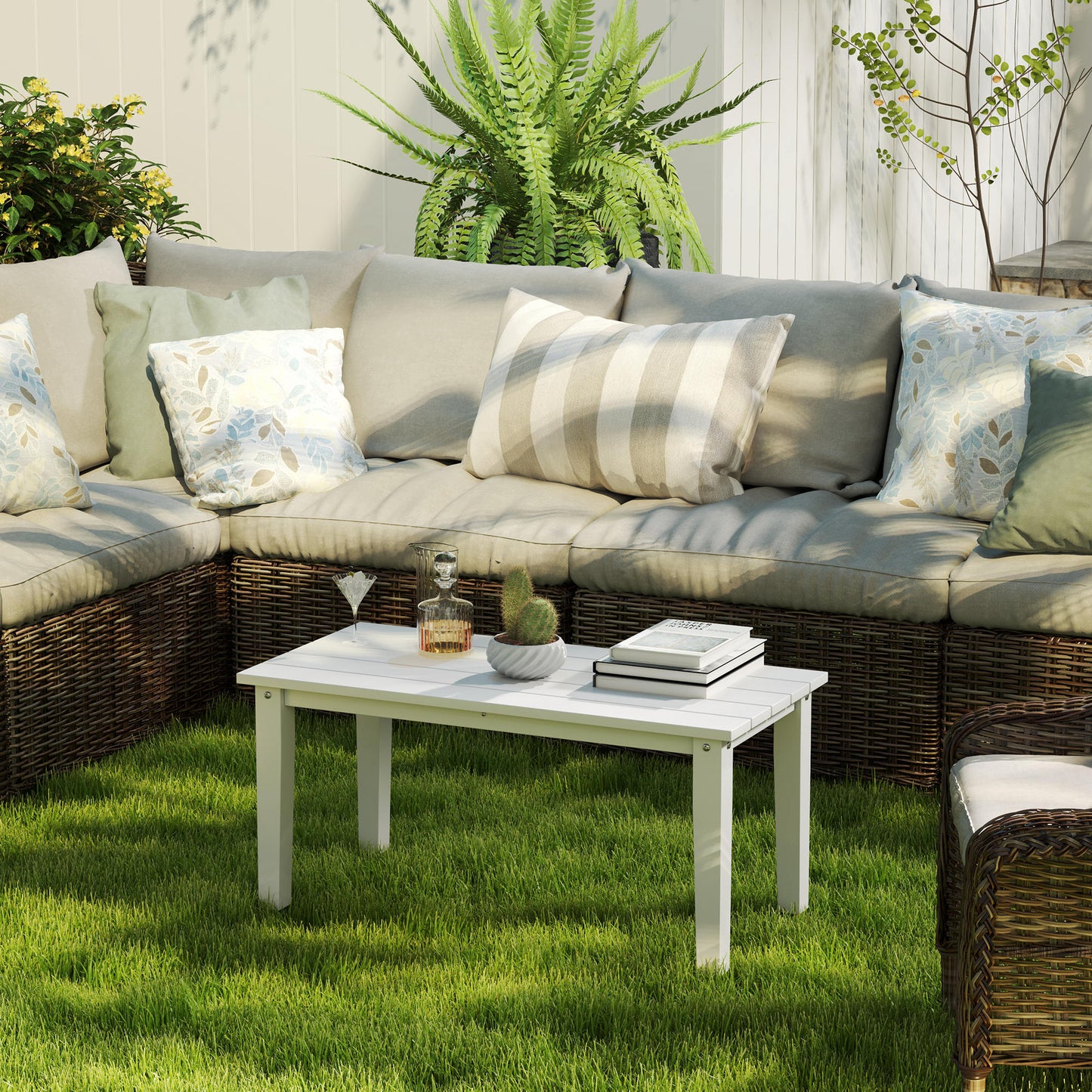 HDPE Rectangle Garden Coffee Table, Slatted Outdoor Table, White