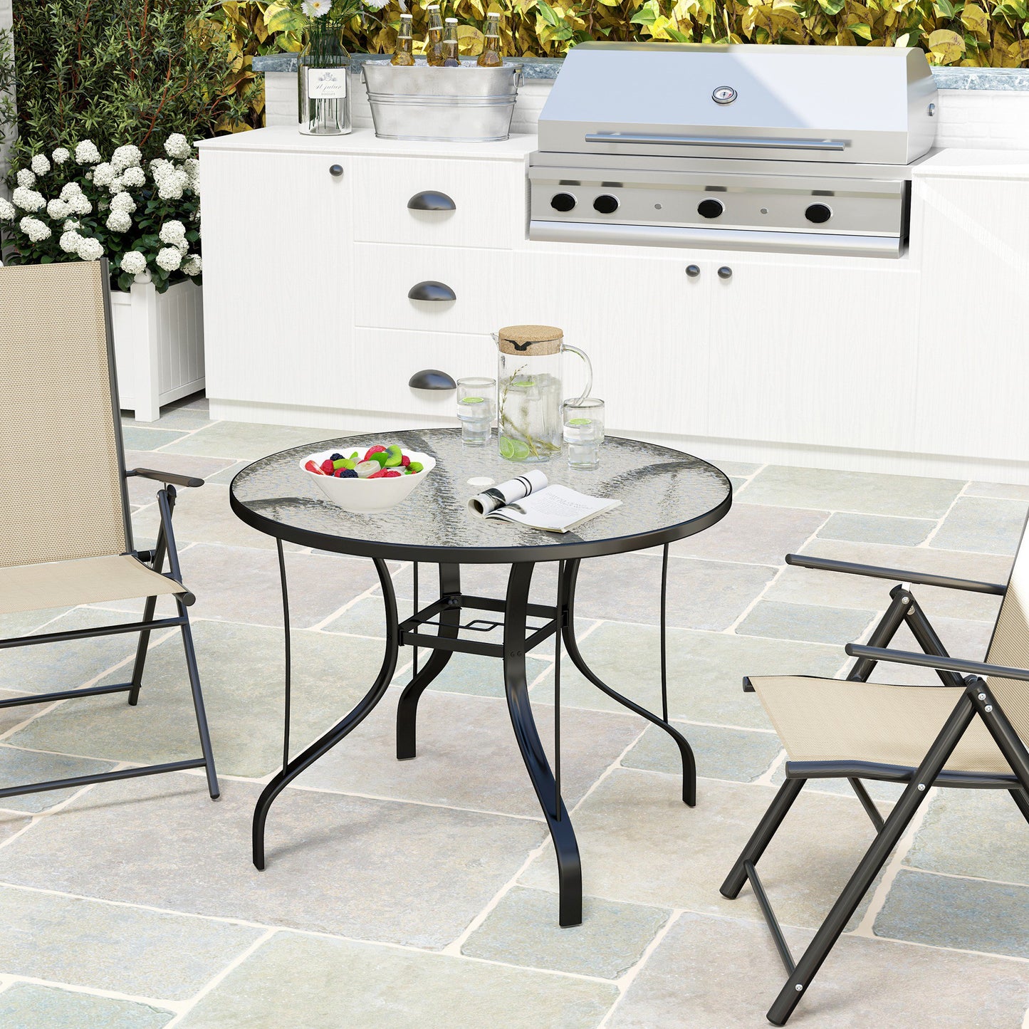 Outdoor Dining Table with Parasol Hole, Round, 96.5 x 96.5 x 71 cm