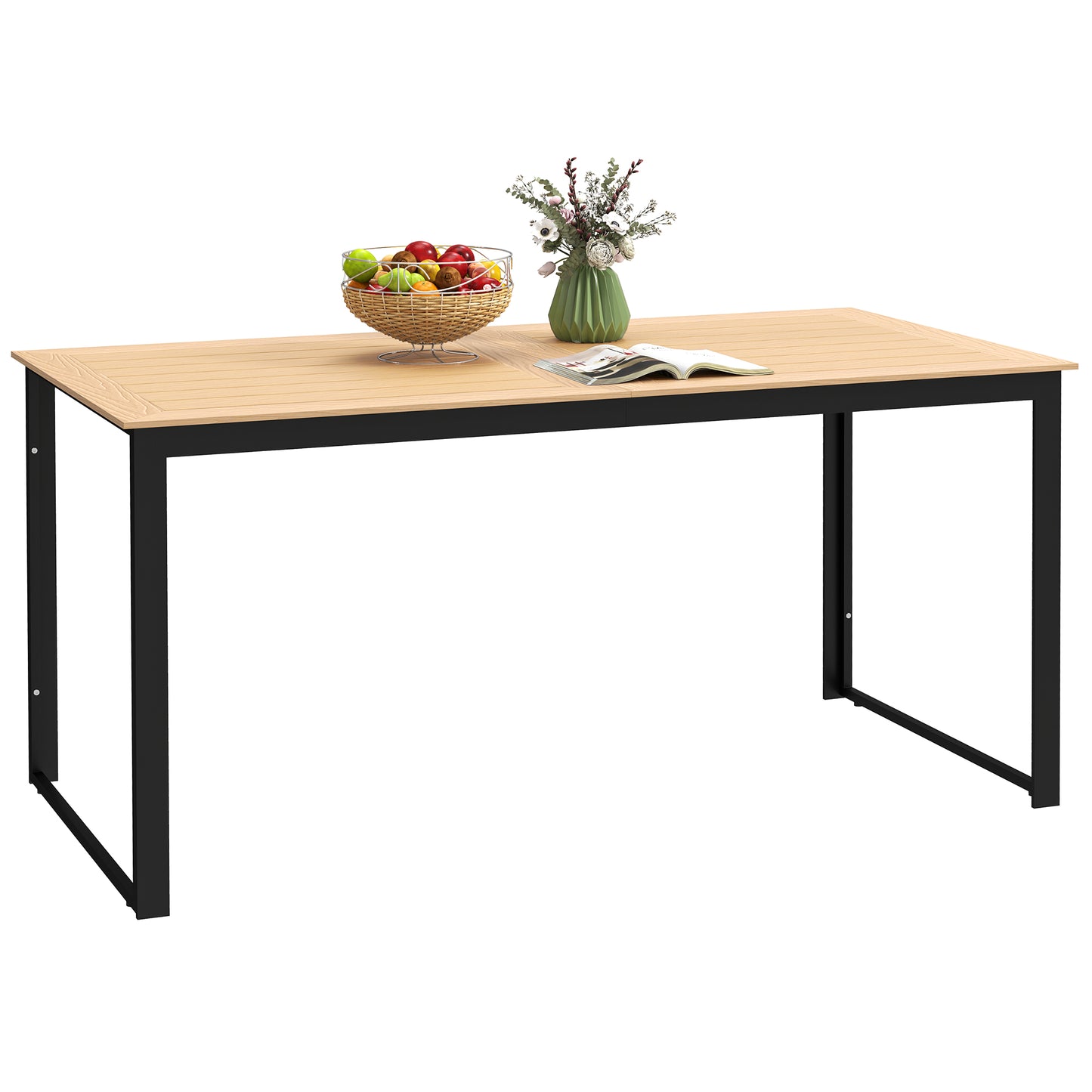 Garden Table for 6 People with Slatted Table Top, Metal Frame, Teak
