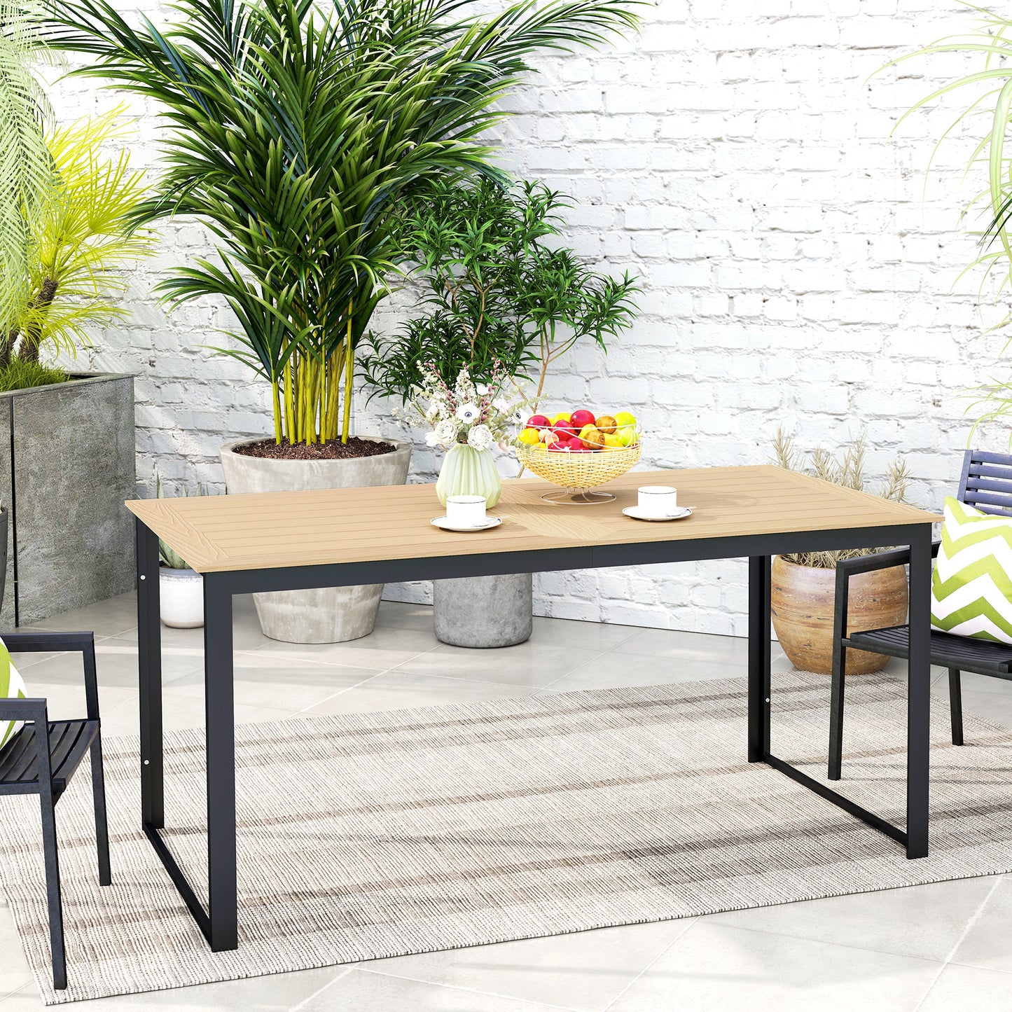 Garden Table for 6 People with Slatted Table Top, Metal Frame, Teak