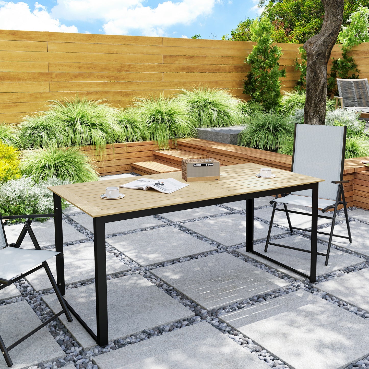 Garden Dining Table for 6 People with Slatted Table Top Metal Frame