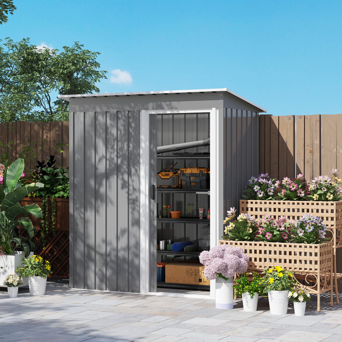 5 x 3ft Garden Storage Shed Sliding Door Sloped Roof Tool, Grey