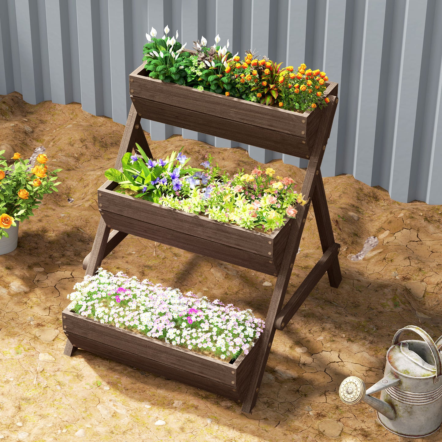 Outsunny 3 Tier Raised Garden Bed Wooden Elevated Planter Box Kit, Tan