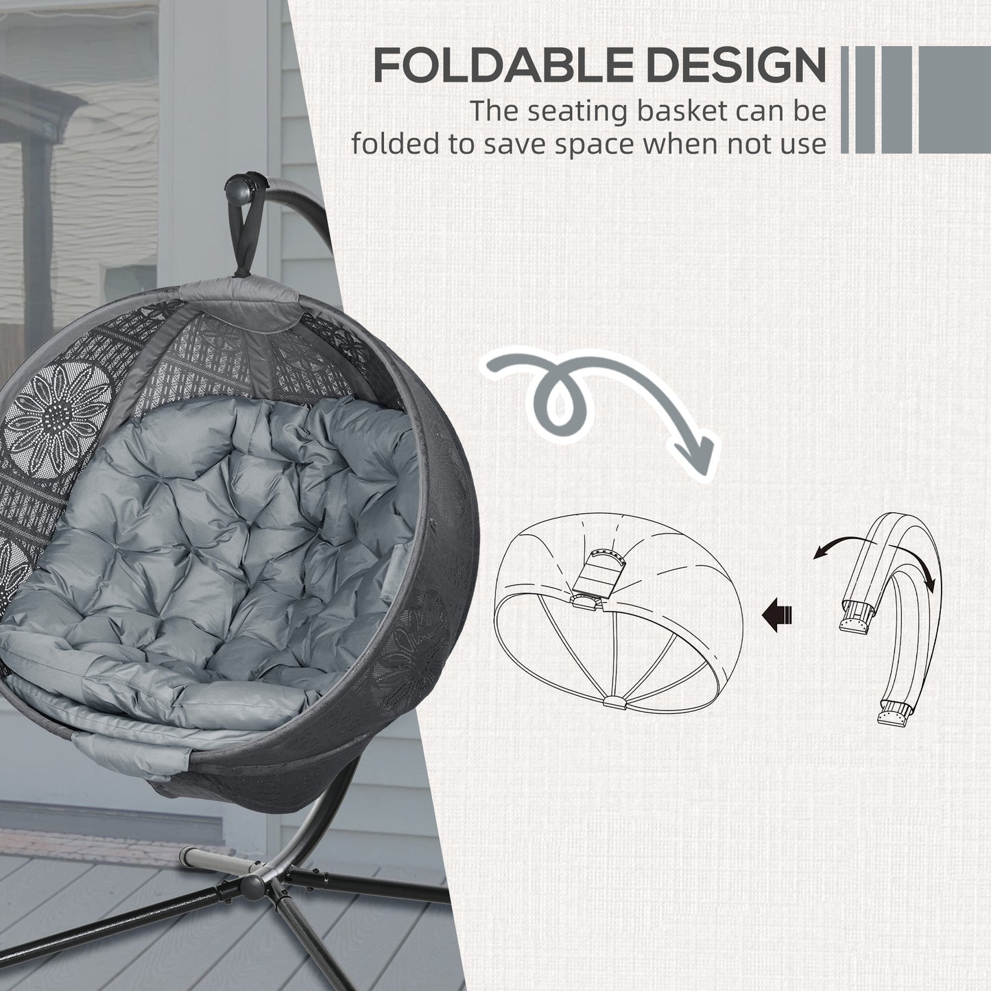 Outsunny Hanging Swing Chair w/ Metal Stand & Side Pocket, Charcoal Grey