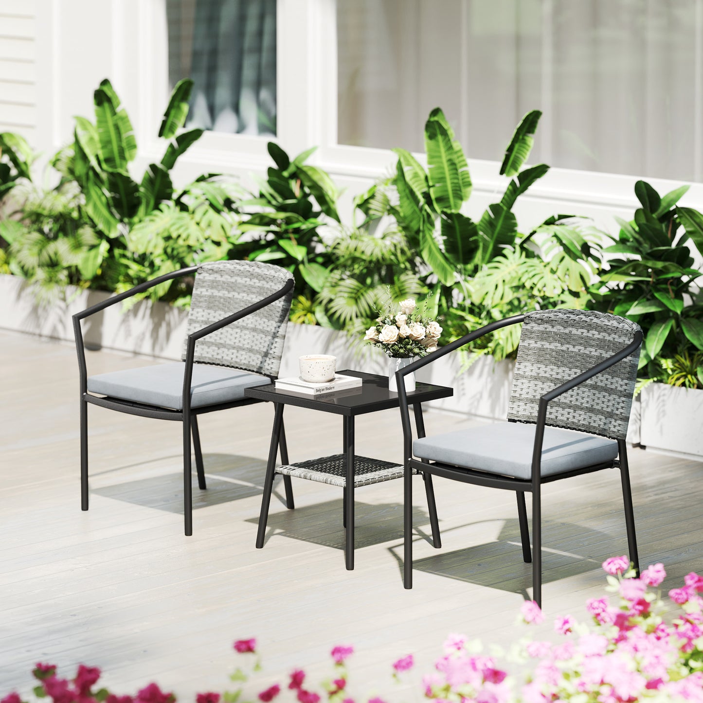 Outsunny 3 PCS Rattan Bistro Set with Cushions Glass Top Coffee Table and Chairs