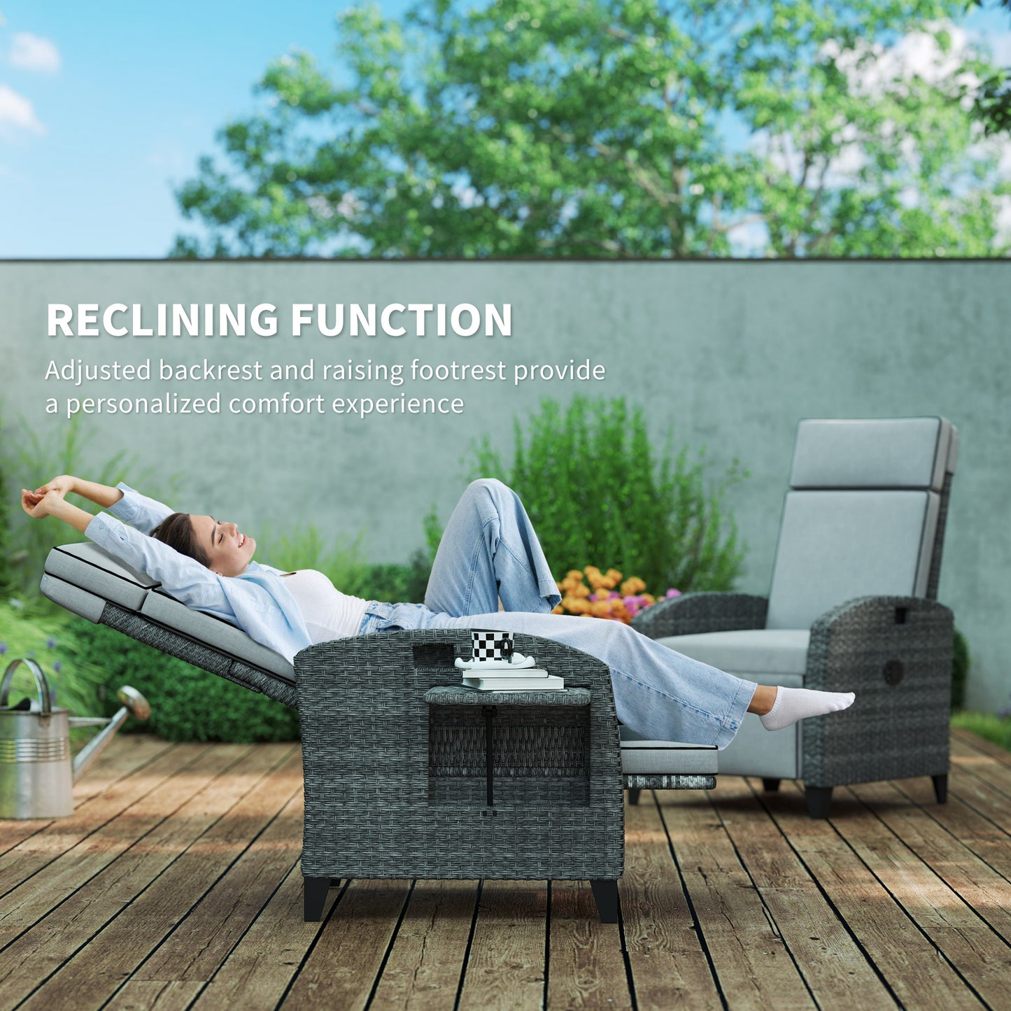 Outdoor Recliner Chair w/ Cushion Rattan Reclining Lounge Chair, Grey