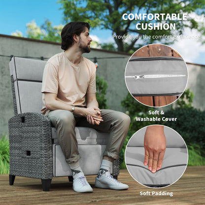 Outdoor Recliner Chair w/ Cushion Rattan Reclining Lounge Chair, Grey