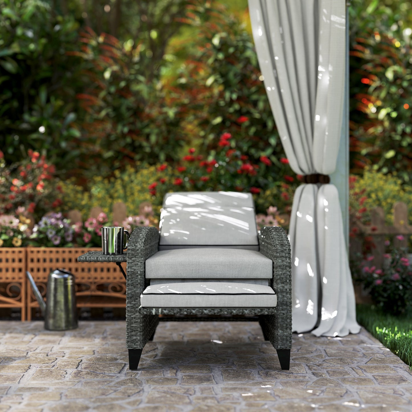 Outdoor Recliner Chair w/ Cushion Rattan Reclining Lounge Chair, Grey