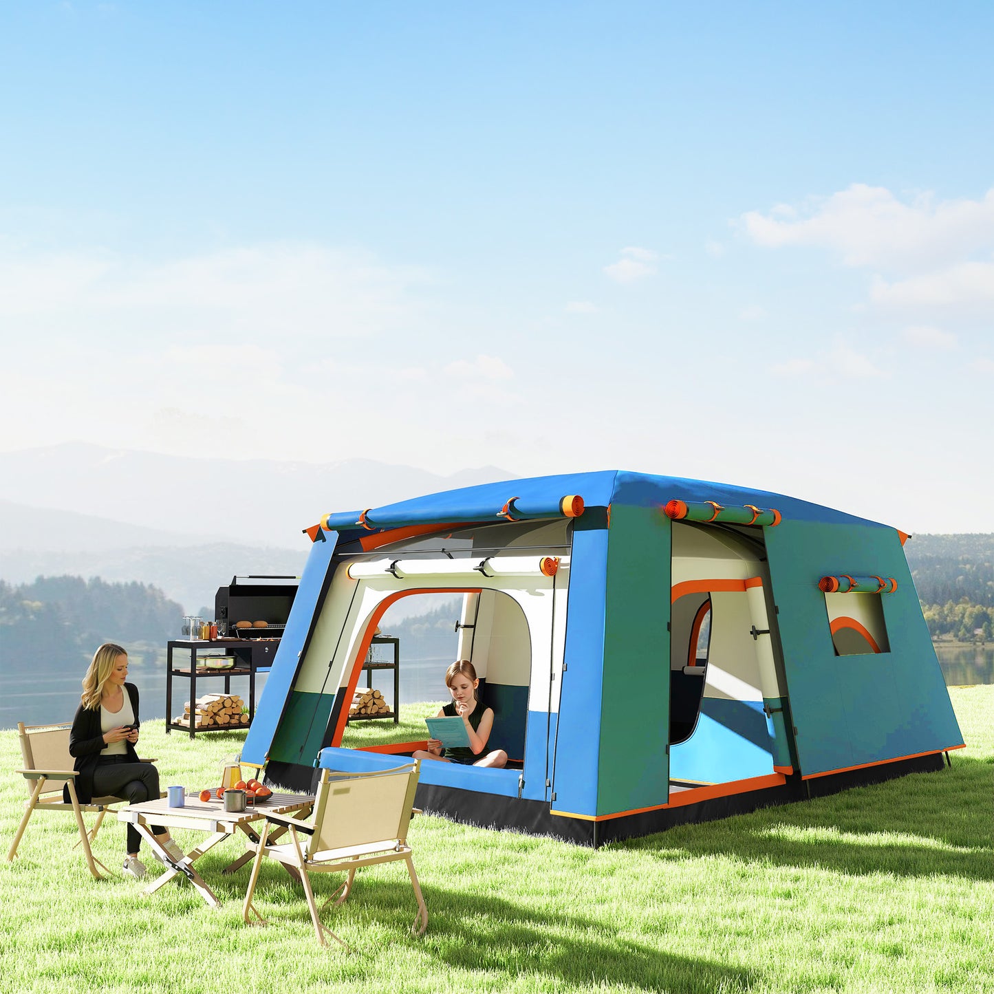 Camping Tent with 2 Bedroom, 3000mm Waterproof, Blue 4-6 Man