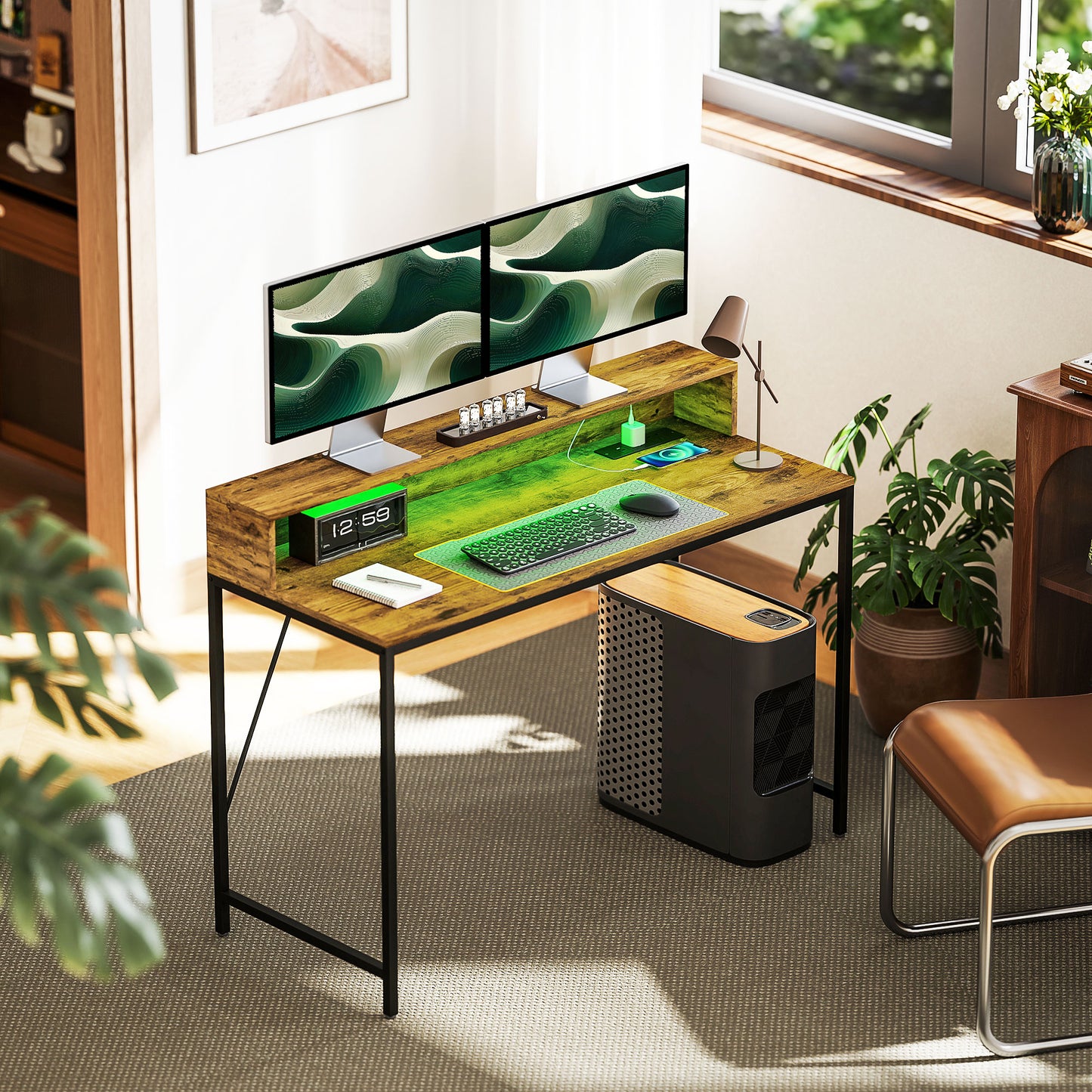Computer Desk with LED Lights, Study Table with Shelf, Rustic Brown