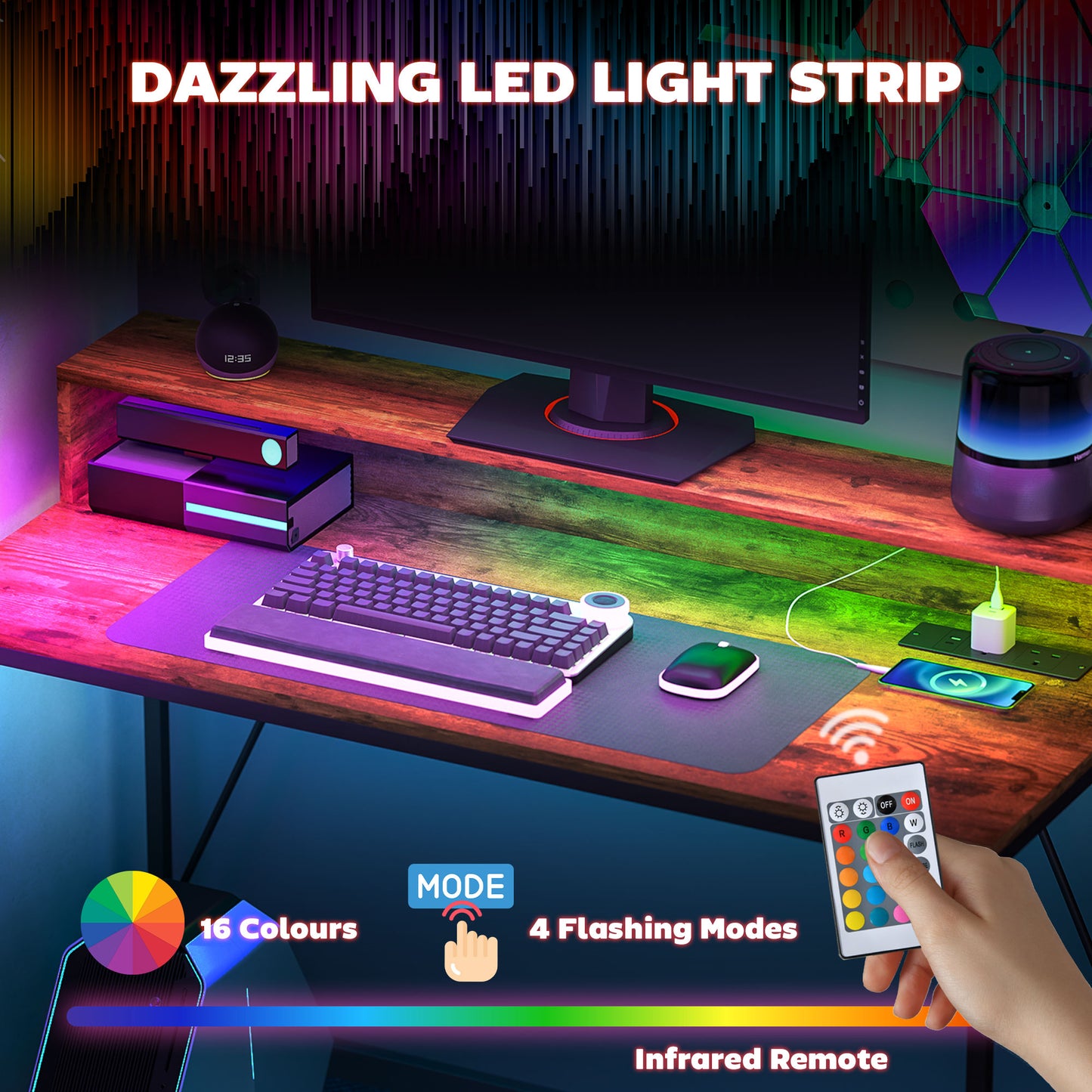 Computer Desk with LED Lights, Study Table with Shelf, Rustic Brown