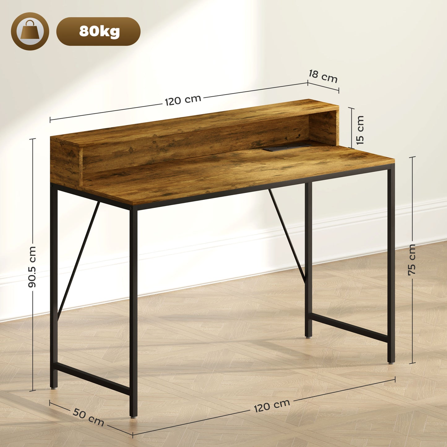 Computer Desk with LED Lights, Study Table with Shelf, Rustic Brown