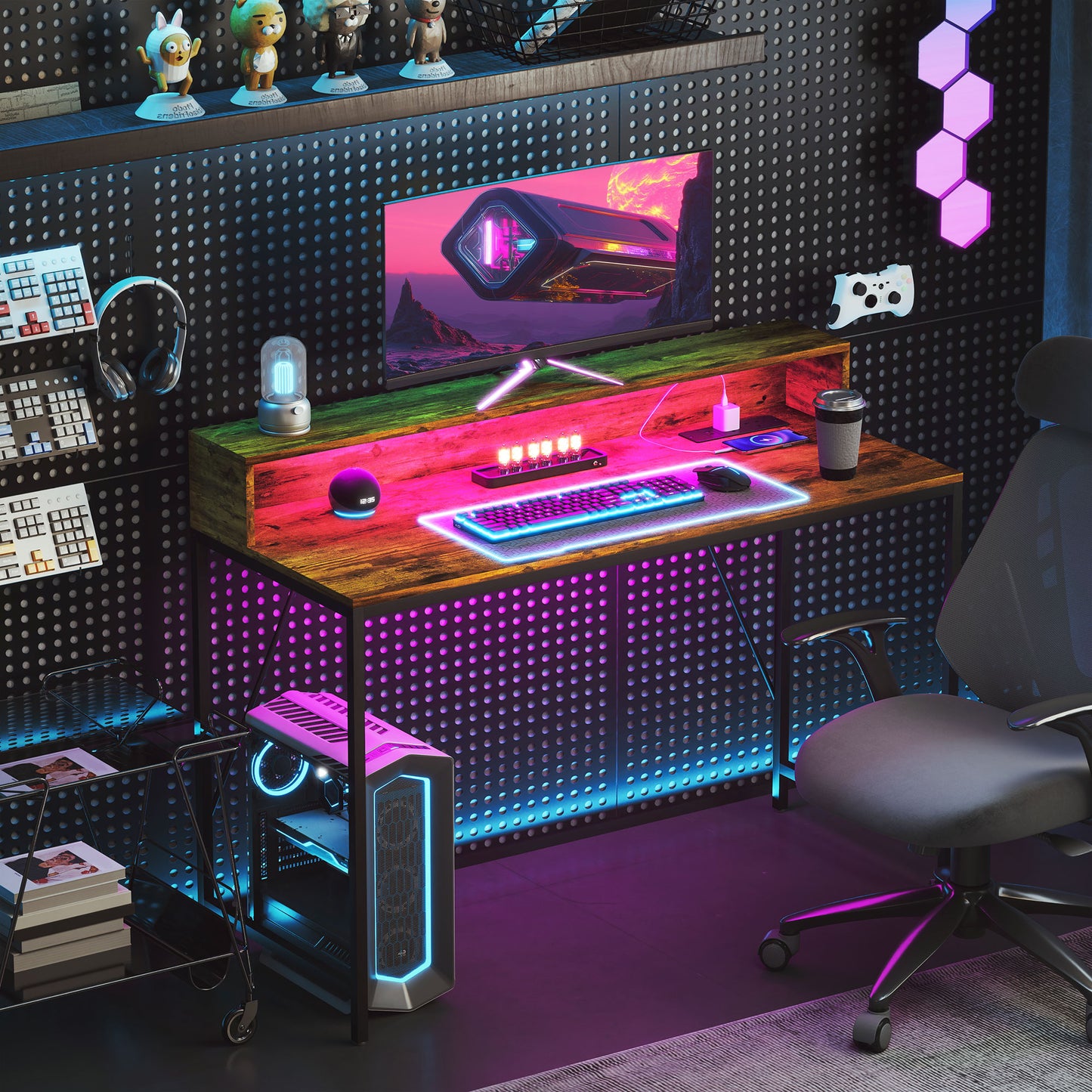 Computer Desk with LED Lights, Study Table with Shelf, Rustic Brown