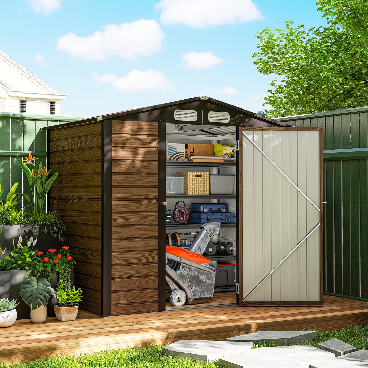6.2 x 4.3ft Garden Metal Shed with Vent for Garden, Patio, Oak