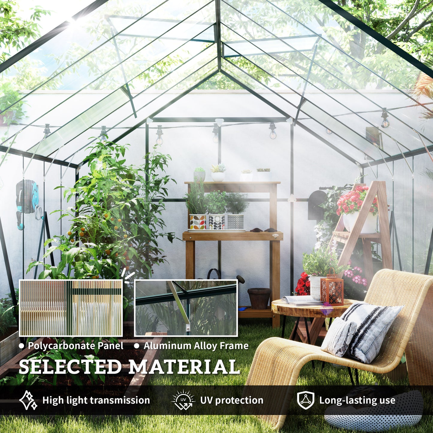 8x12ft Polycarbonate Walk-in Greenhouse Outdoor Double Sliding Door
